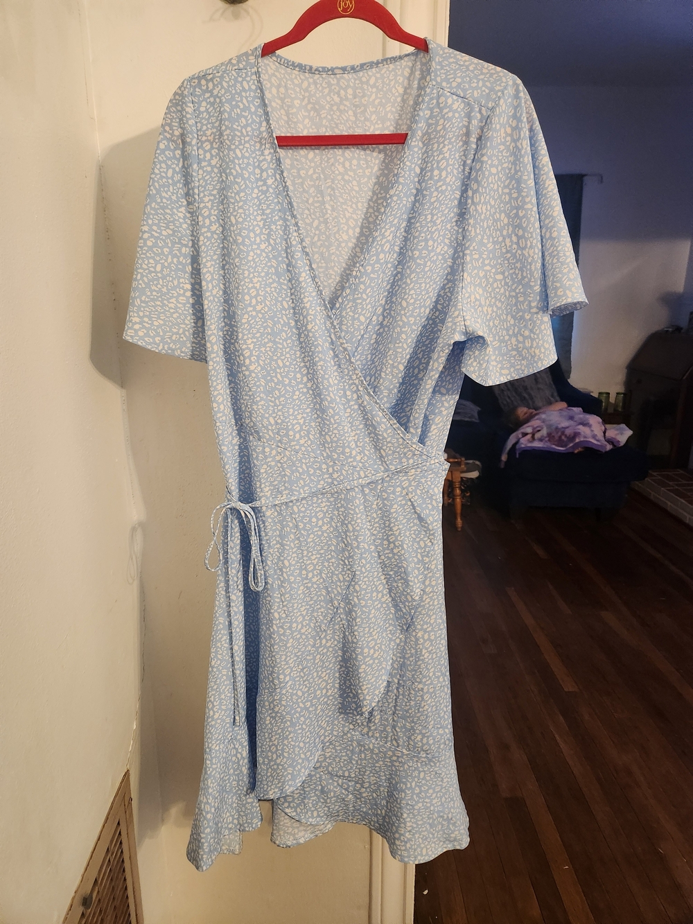 SHEIN Light Blue Wrap Mini Dress with White Microprint
